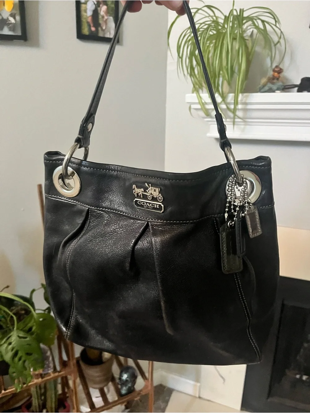 COACH Black Leather Shoulder Bag with Signature Charm